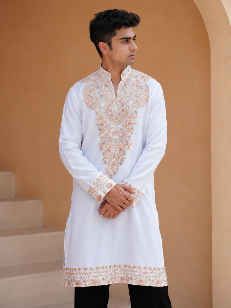 Raya Gold And Pastel Embroidered Kurta