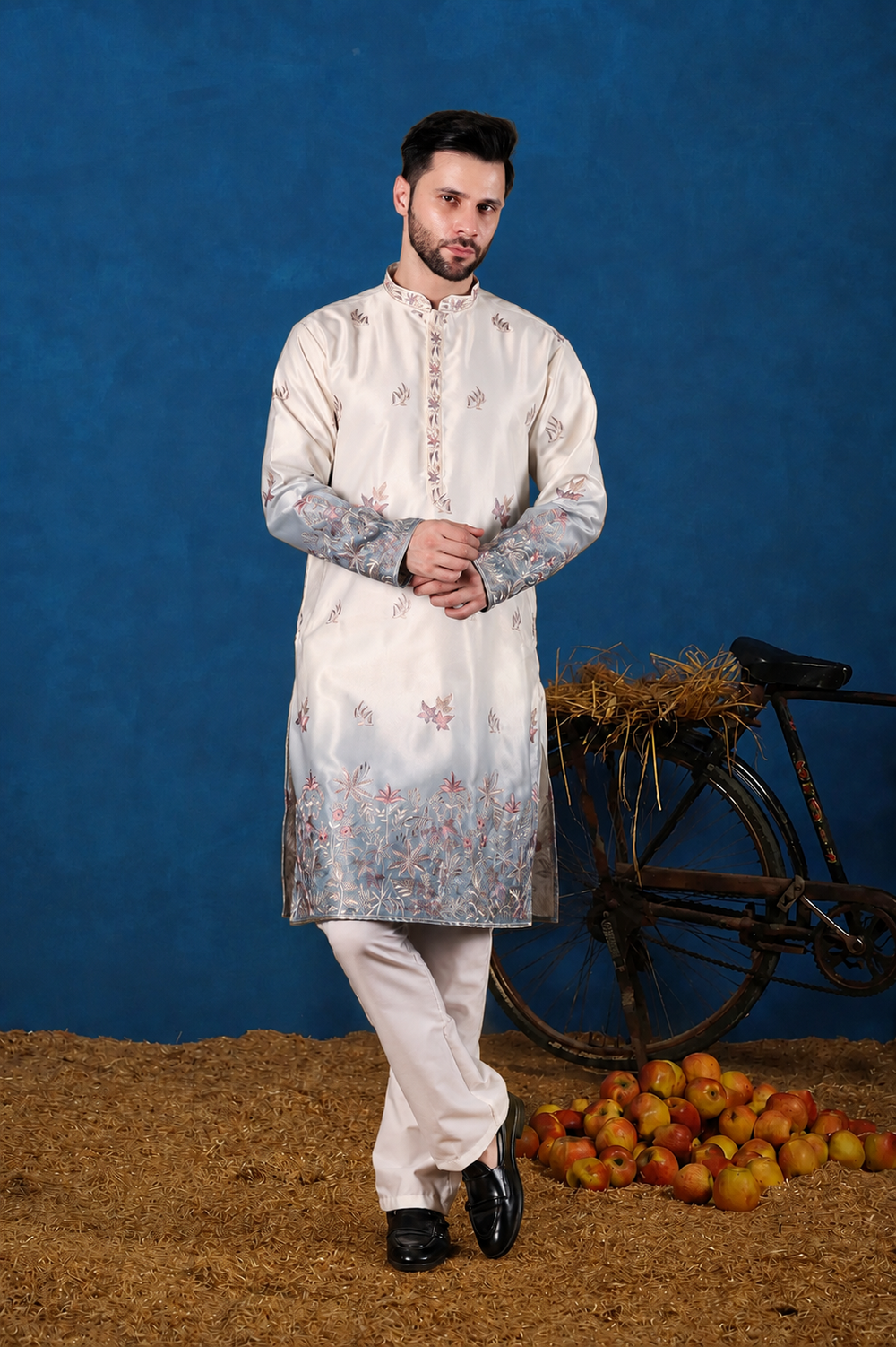 Riyaaz Ivory & Blue Floral Embroidered Kurta