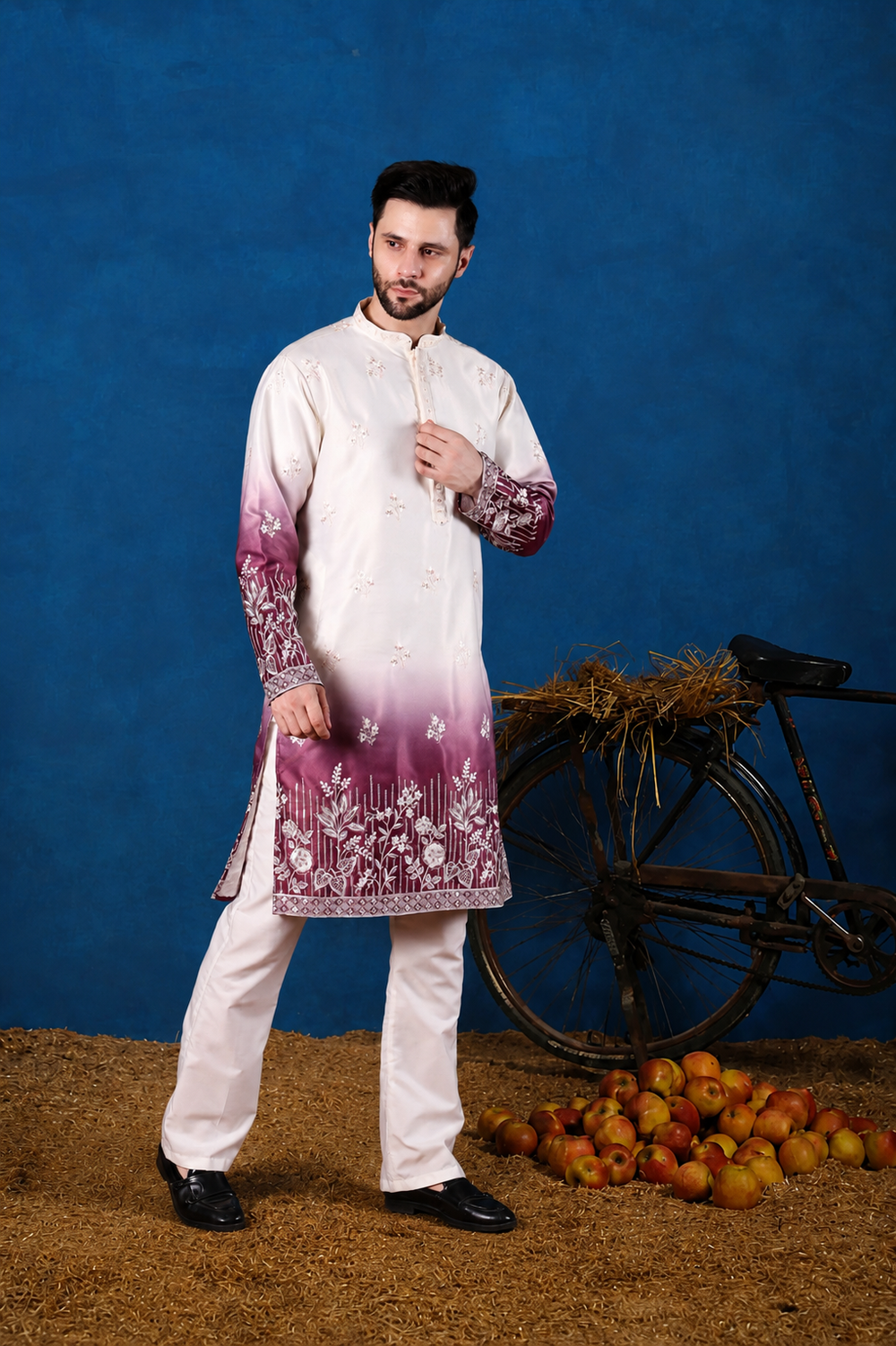 Nawaz Wine Ombré Floral Embroidered Kurta
