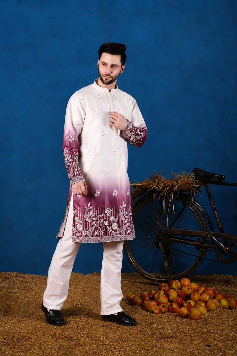 Nawaz Wine Ombré Floral Embroidered Kurta