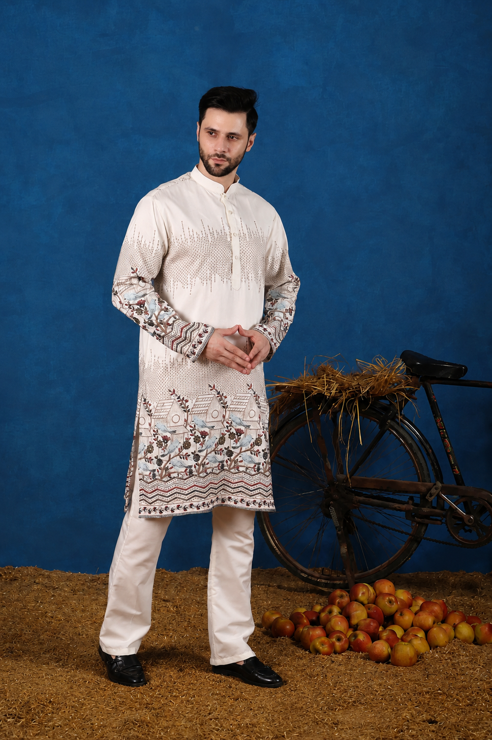 Aham Ivory Bird & Floral Embroidered Kurta