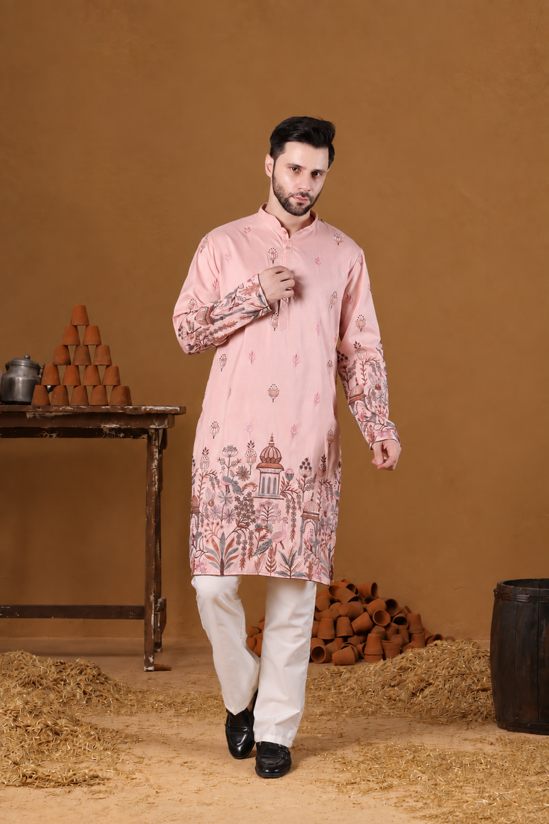 Mehroob Blush Pink Mughal Embroidered Kurta