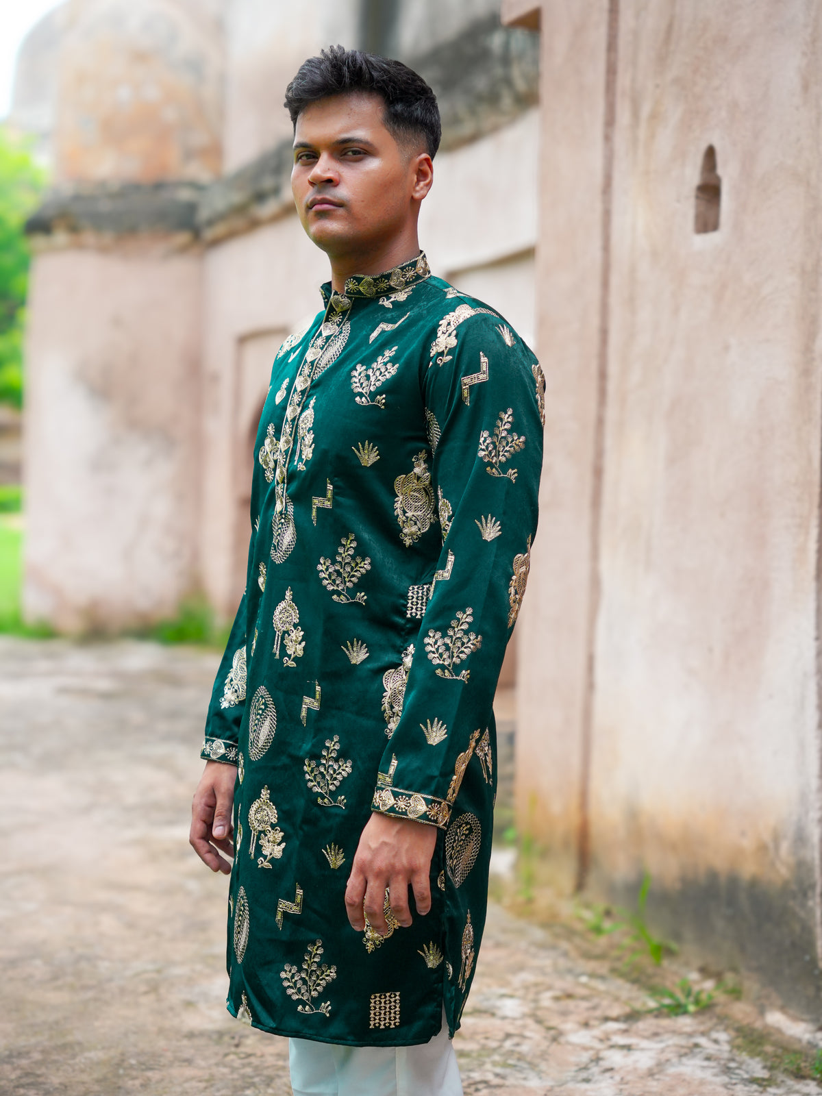 Tajir Zari Bottle Green Kurta Set