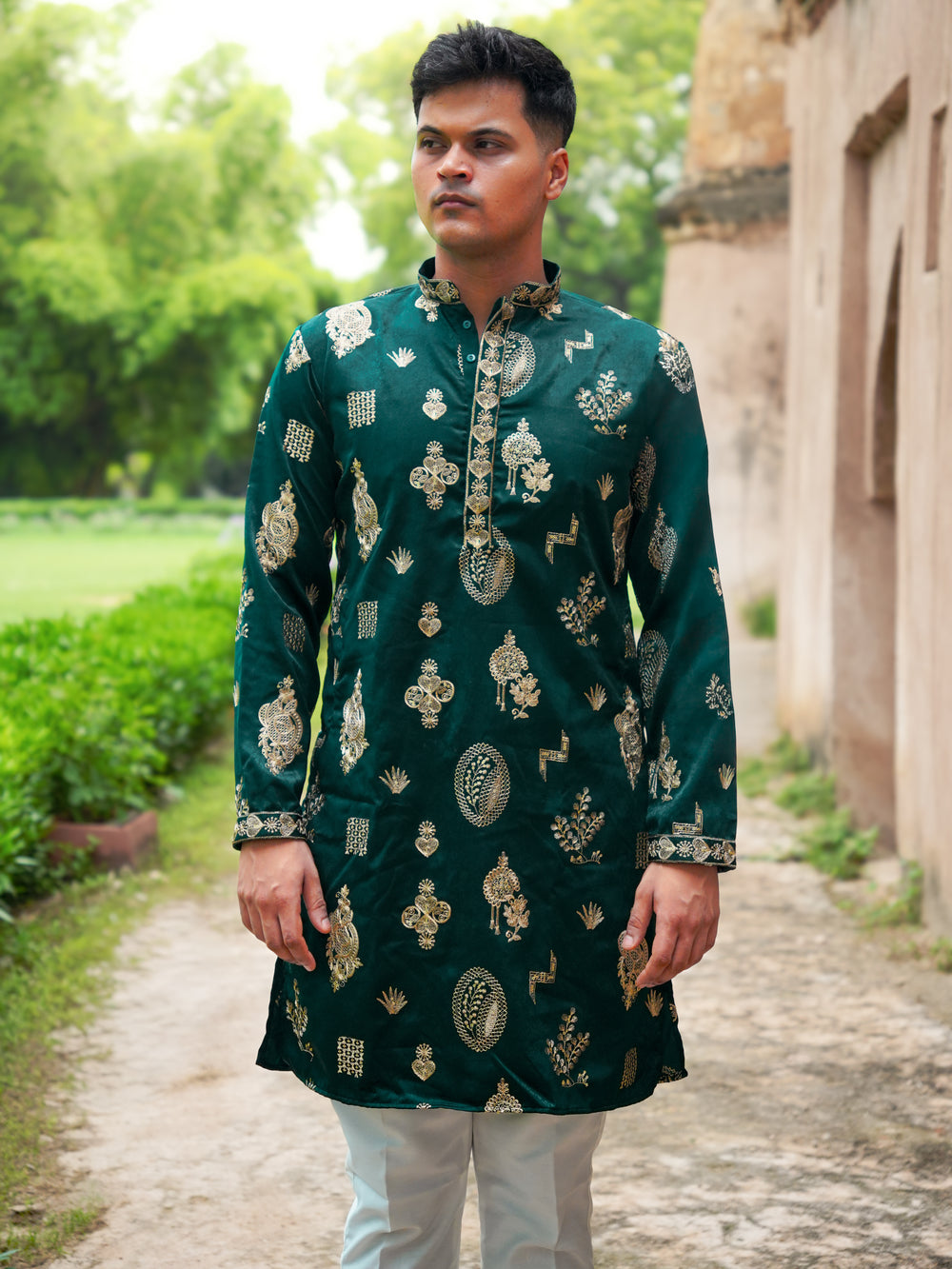 Tajir Zari Bottle Green Kurta Set
