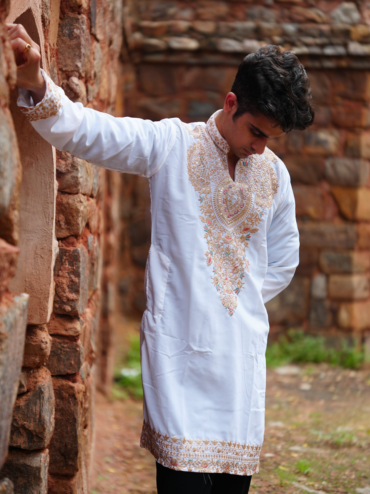 Raya Gold And Pastel Embroidered Kurta