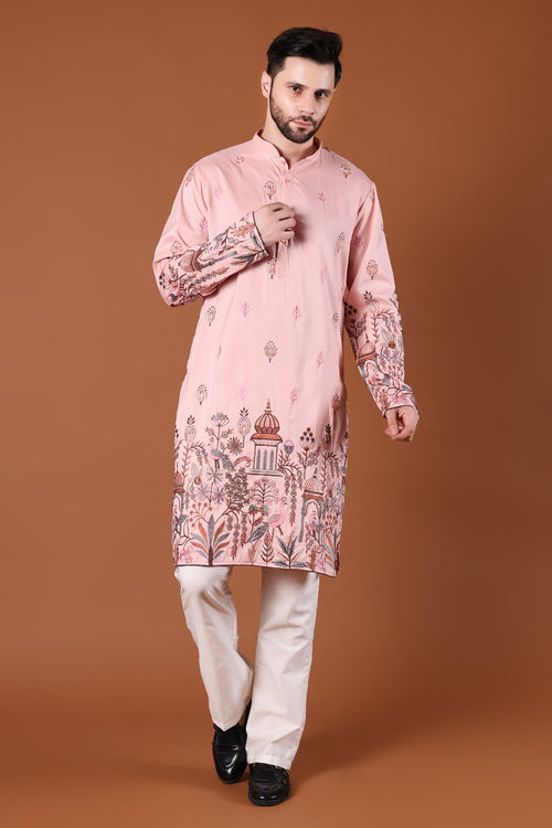 Blush Pink Mughal Garden Embroidered Kurta - front