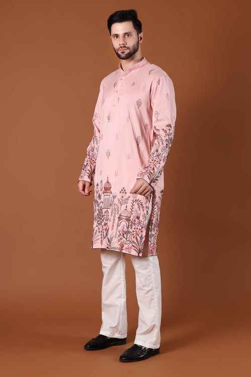 Blush Pink Mughal Garden Embroidered Kurta