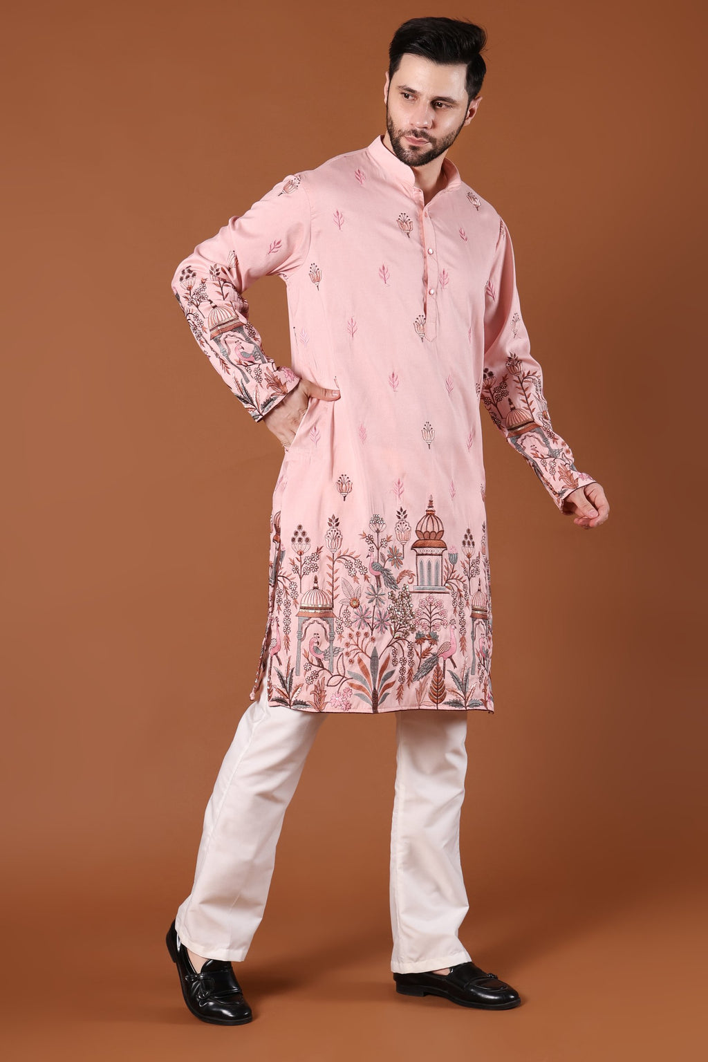 Blush Pink Mughal Garden Embroidered Kurta