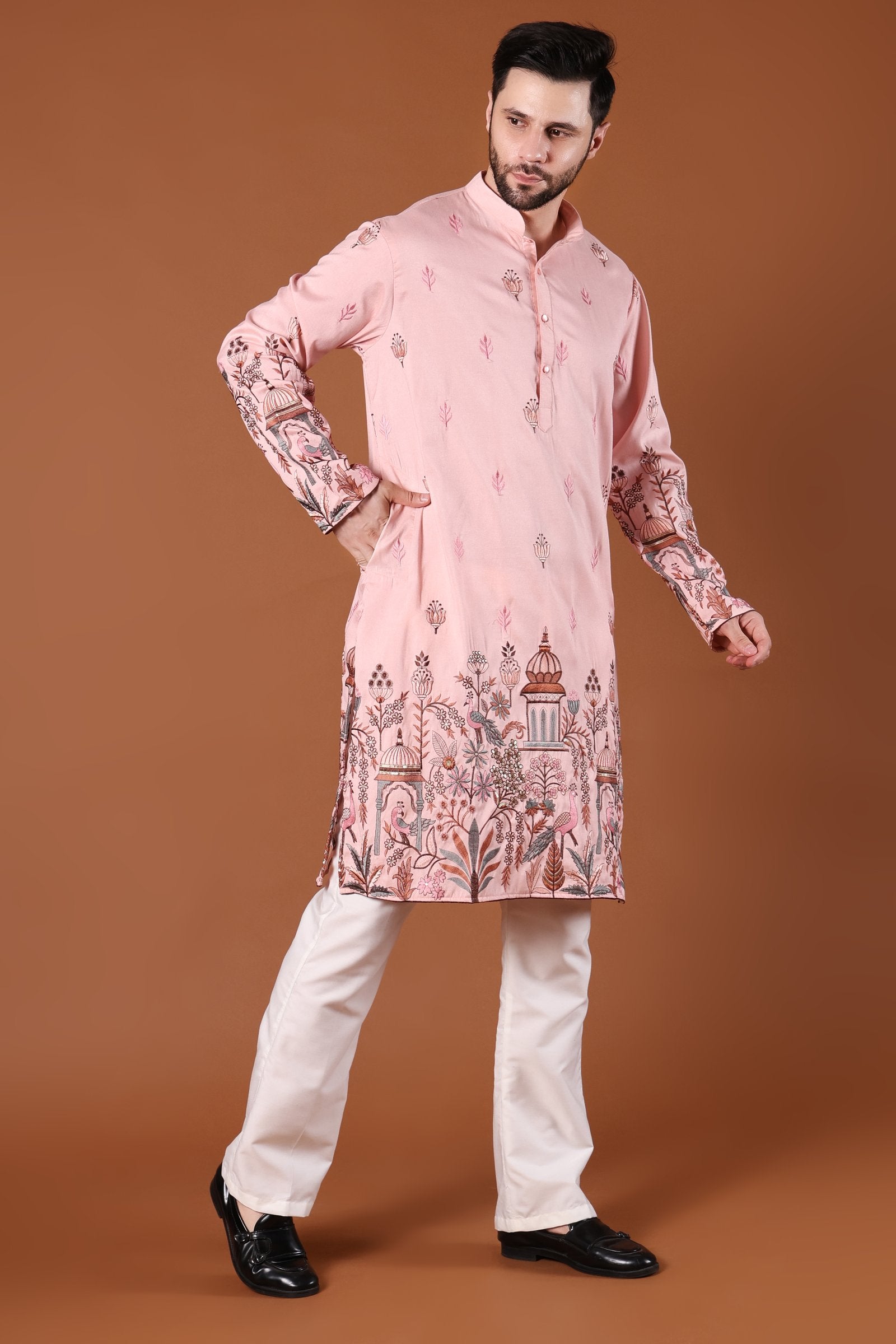 Blush Pink Mughal Garden Embroidered Kurta