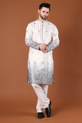 Ivory & Blue Floral Embroidered Kurta - front