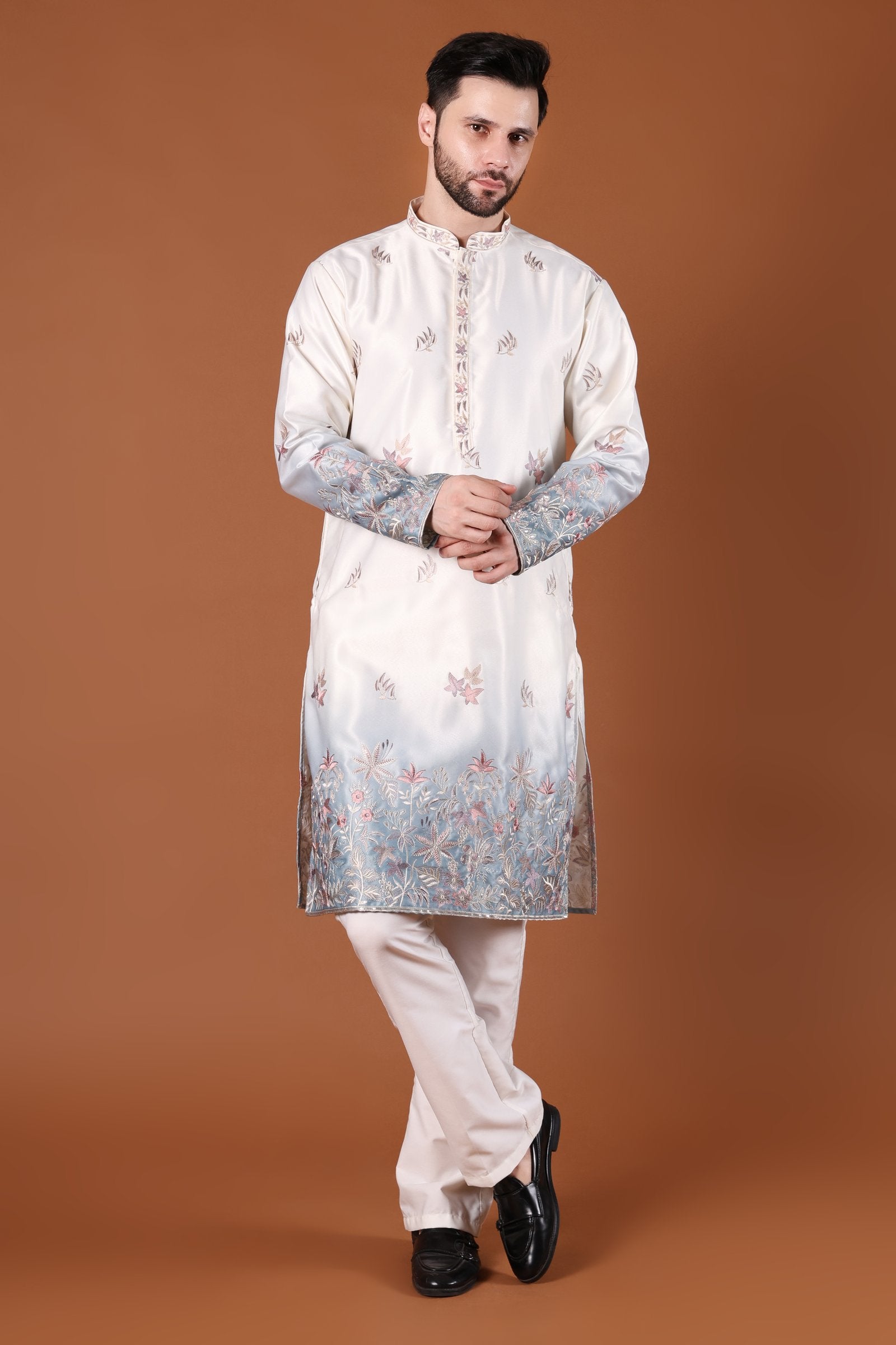 Ivory & Blue Floral Embroidered Kurta - front