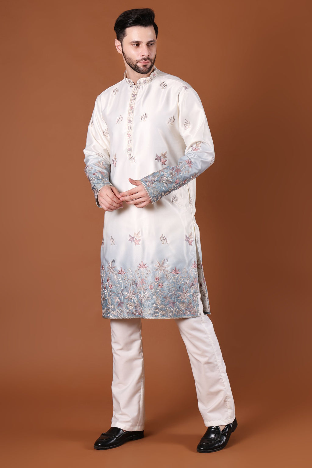 Ivory & Blue Floral Embroidered Kurta