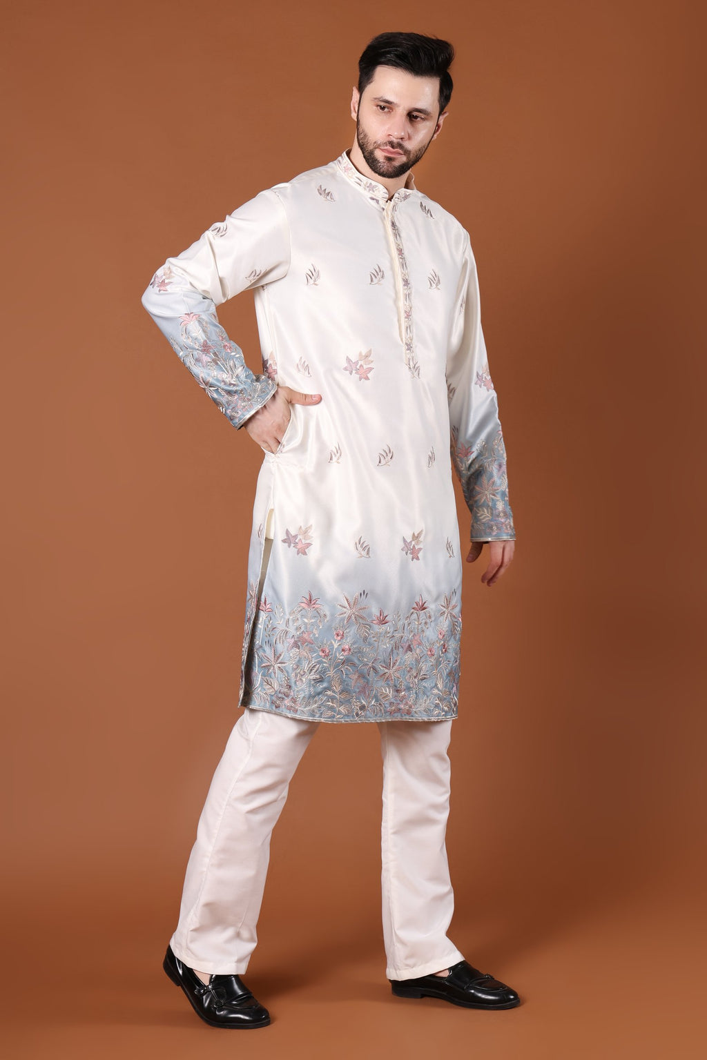 Ivory & Blue Floral Embroidered Kurta