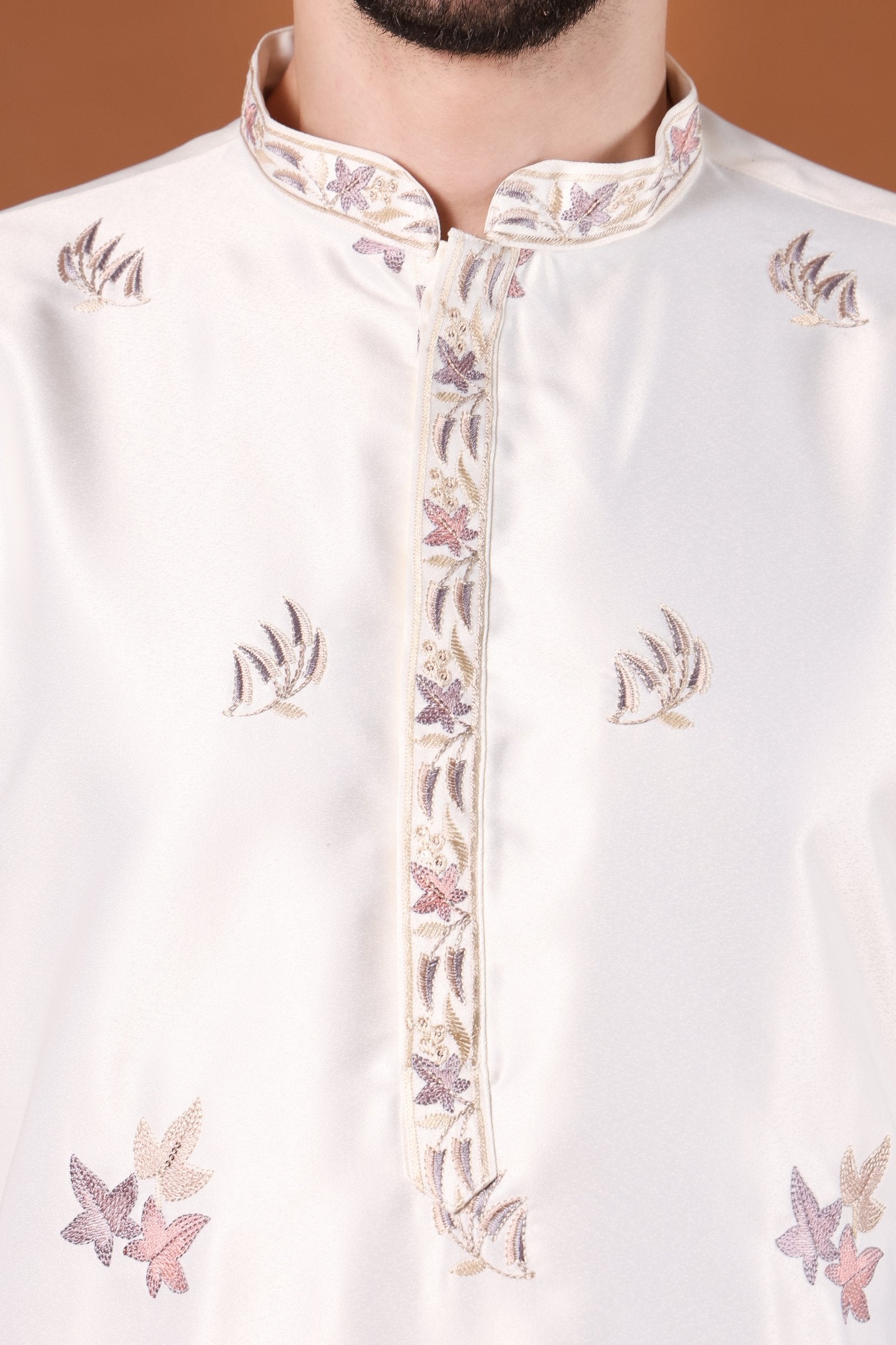 Ivory & Blue Floral Embroidered Kurta