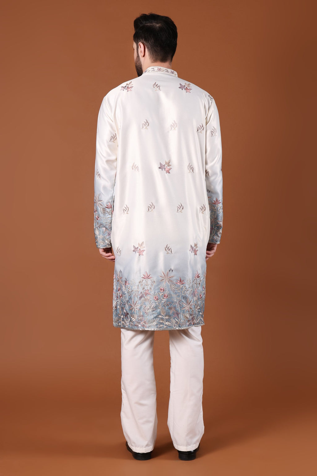Ivory & Blue Floral Embroidered Kurta