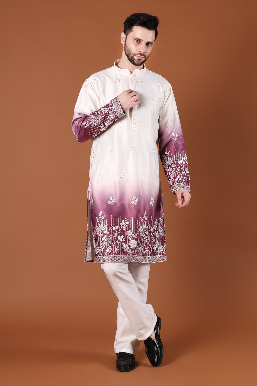 Wine Ombré Floral Embroidered Kurta - front
