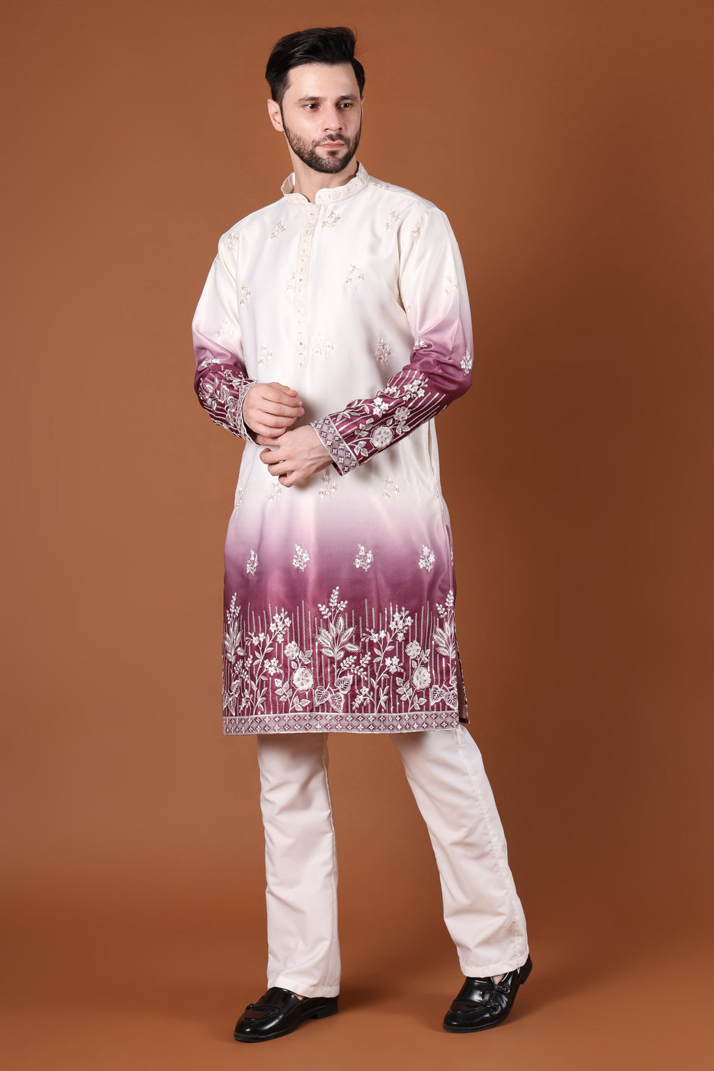 Wine Ombré Floral Embroidered Kurta