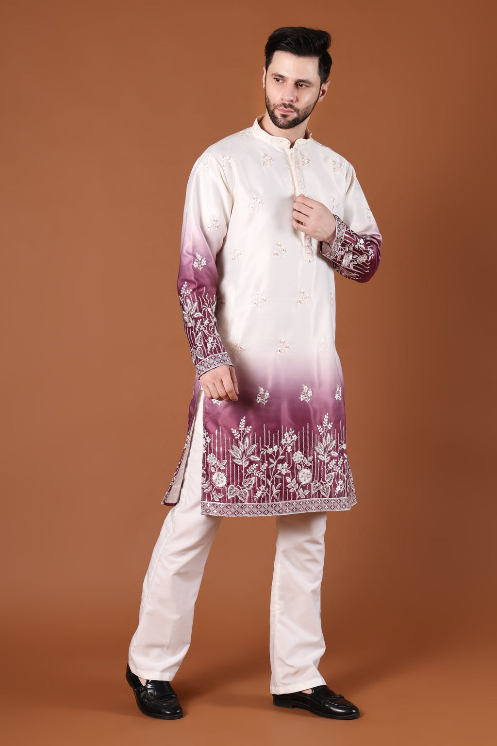 Wine Ombré Floral Embroidered Kurta