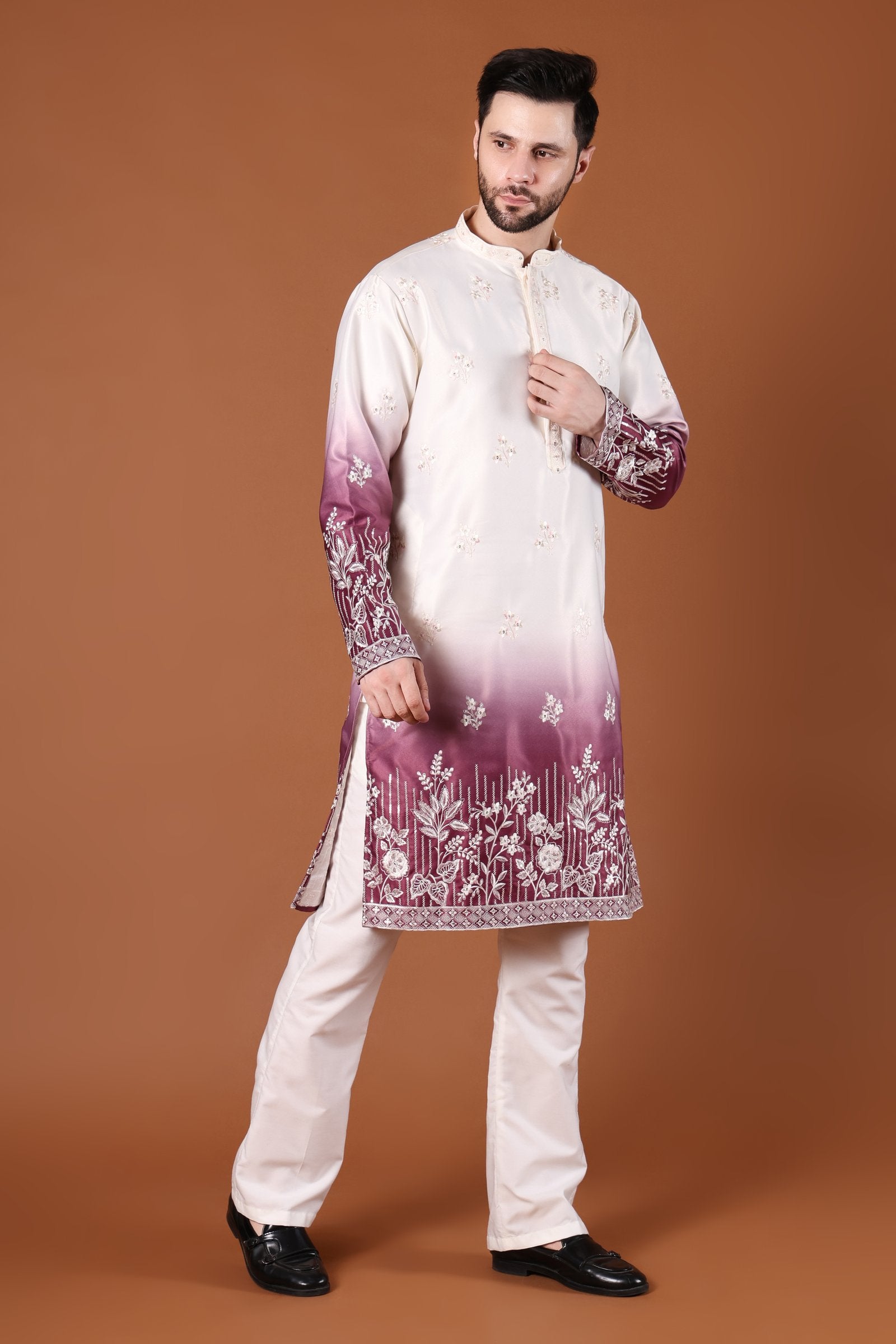 Wine Ombré Floral Embroidered Kurta