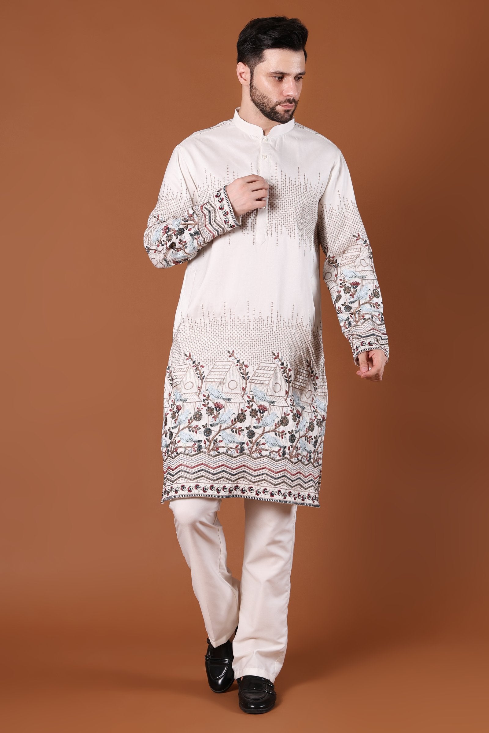 Ivory Bird & Floral Embroidered Kurta - front