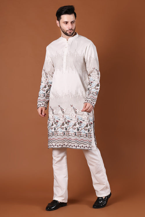 Ivory Bird & Floral Embroidered Kurta
