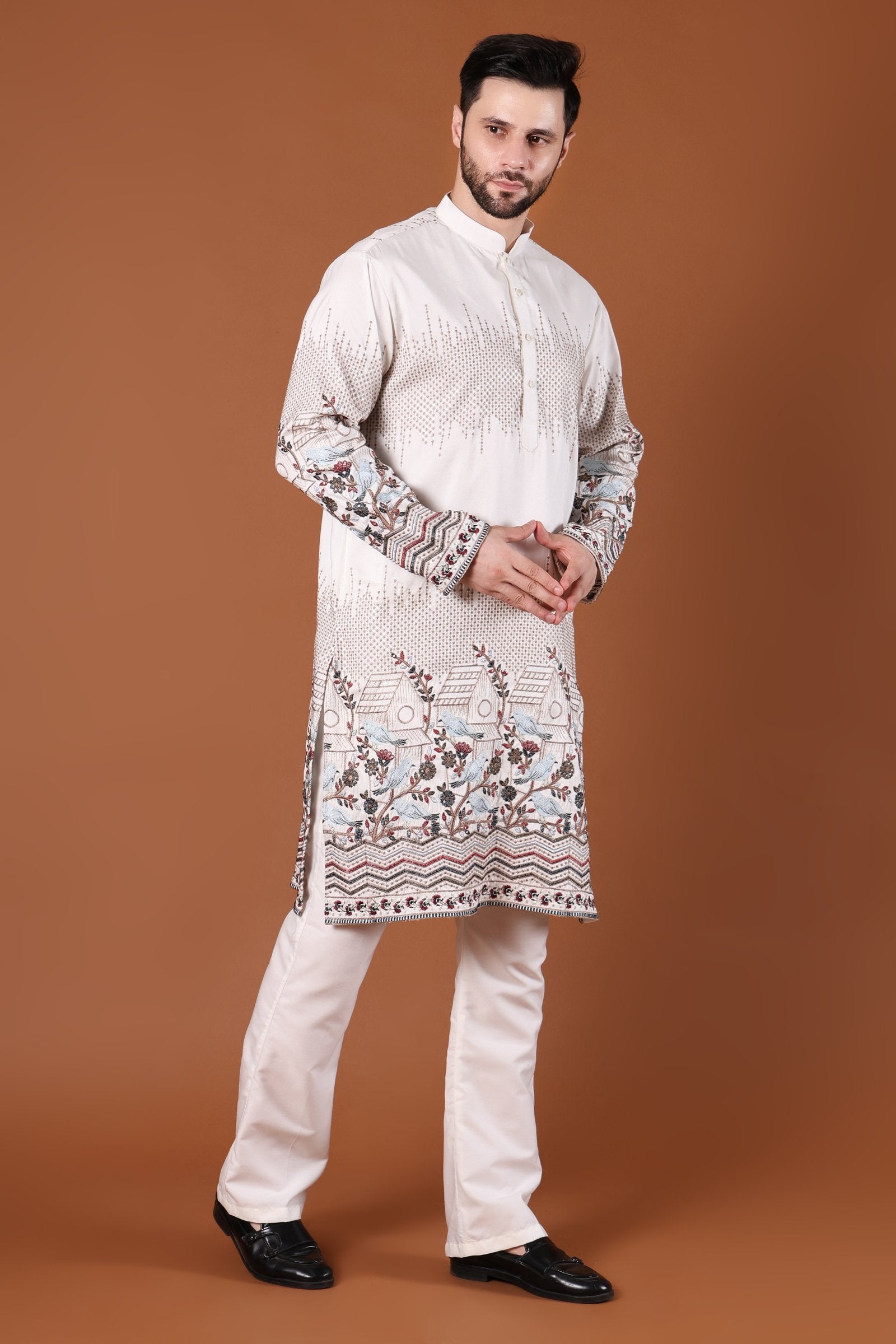 Ivory Bird & Floral Embroidered Kurta