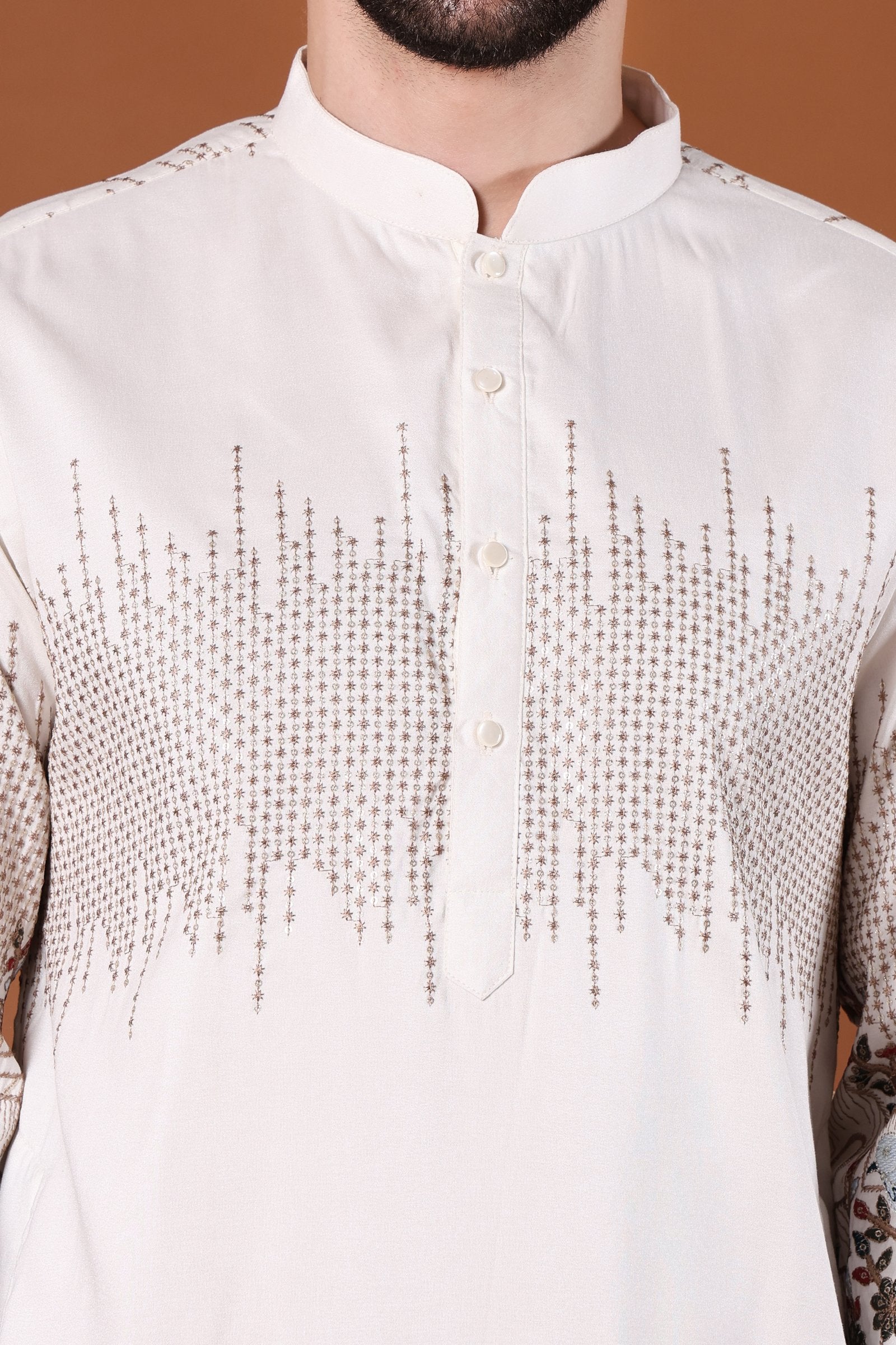 Ivory Bird & Floral Embroidered Kurta