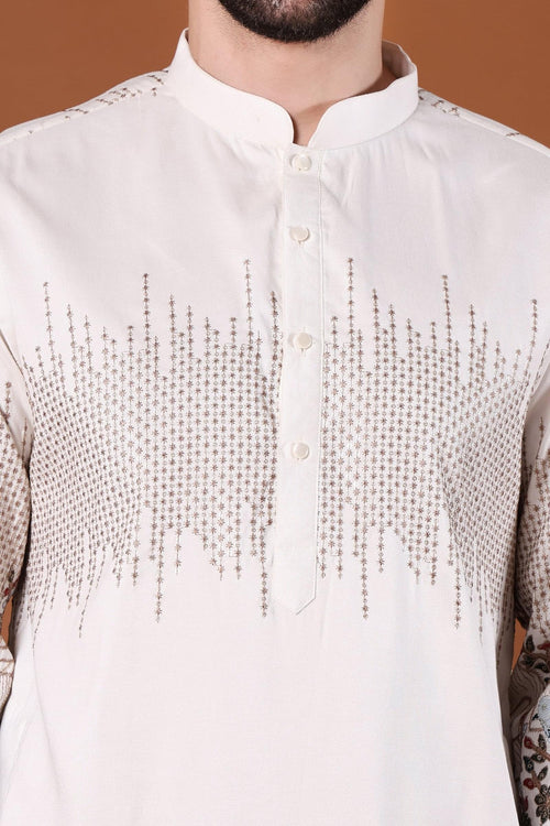 Ivory Bird & Floral Embroidered Kurta