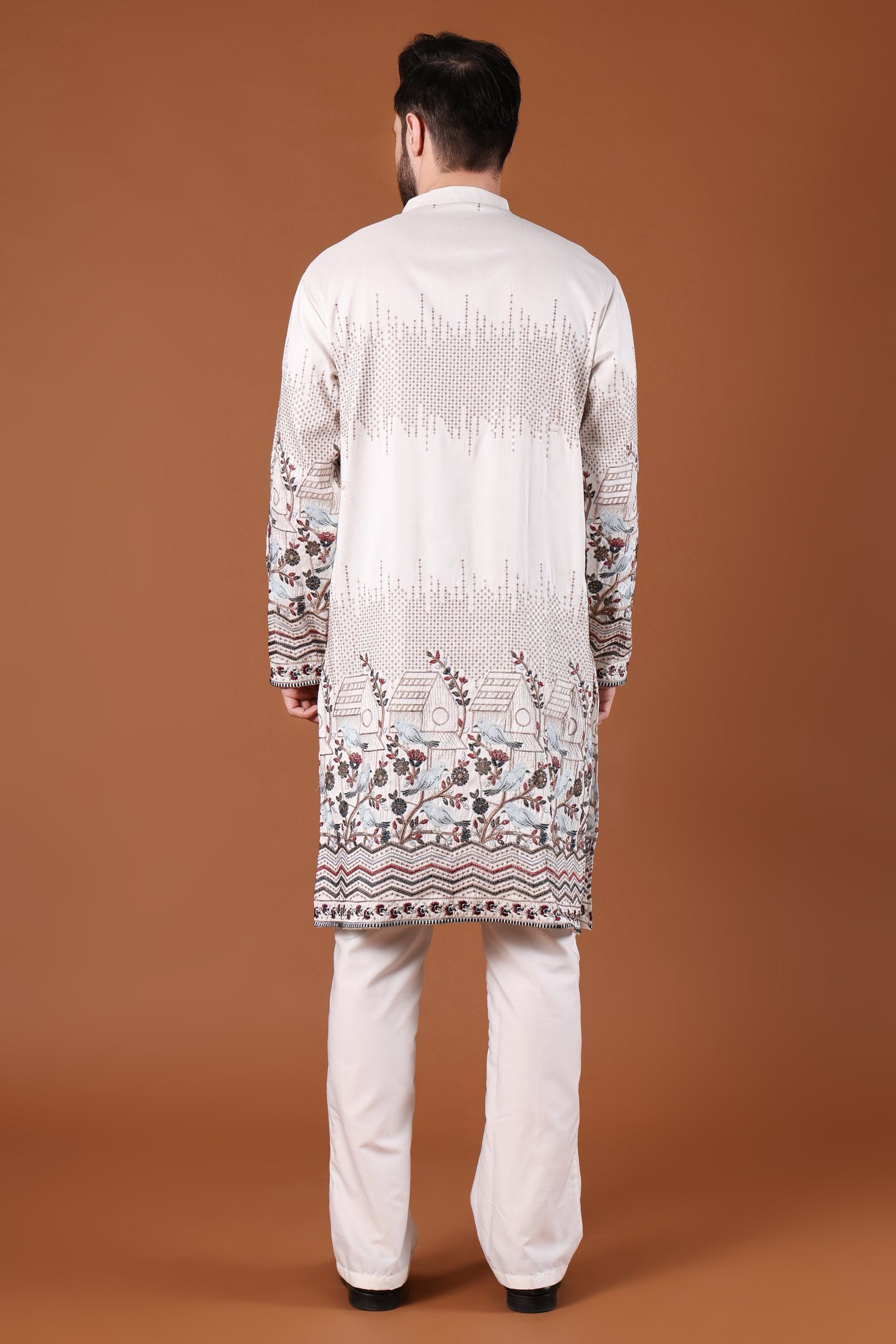 Ivory Bird & Floral Embroidered Kurta